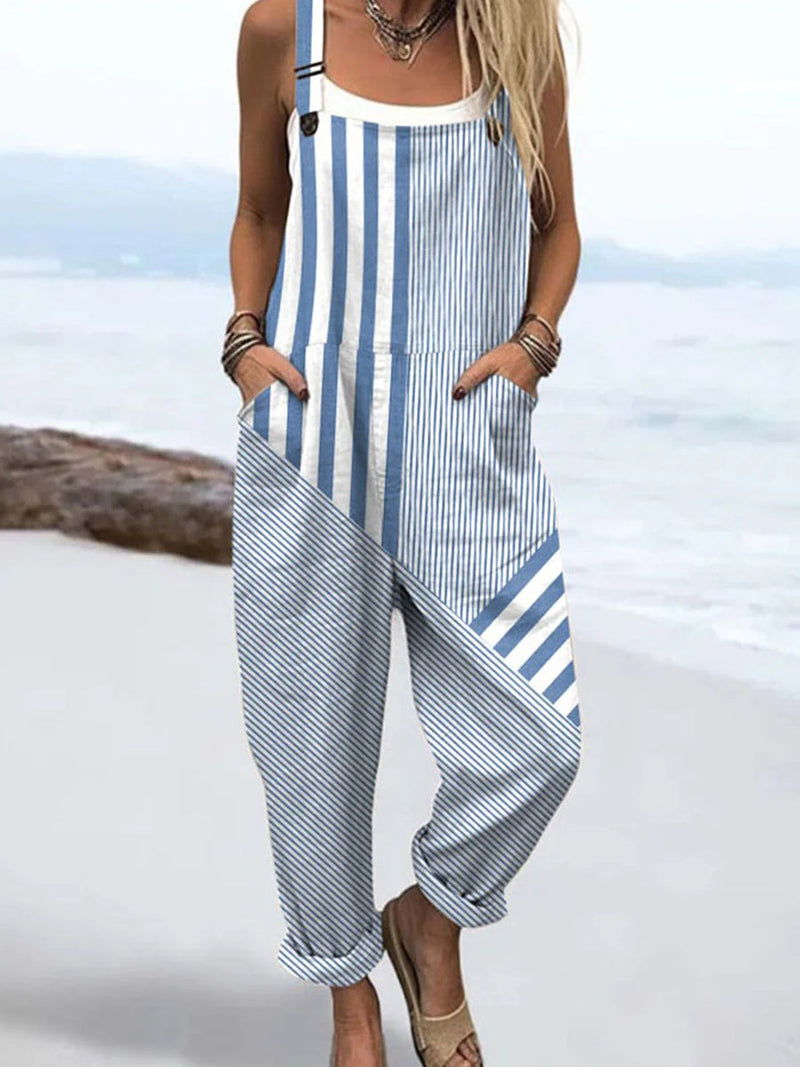 Blue Sleeveless Striped Jumpsuit for Women