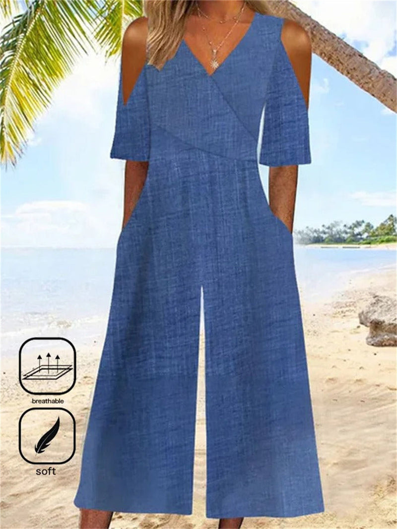 Simple V-Neck Short Sleeve Blue Jumpsuit for Women