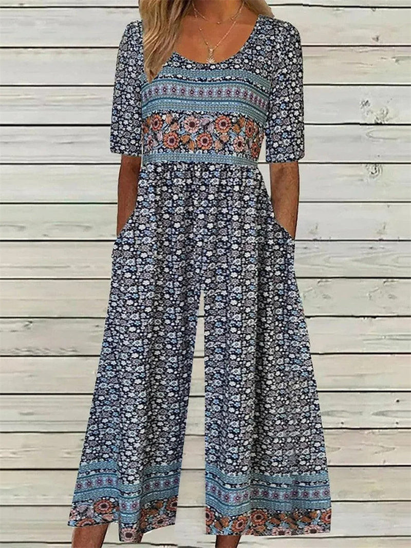 Floral Print Round Neck Short Sleeve Jumpsuit for Women