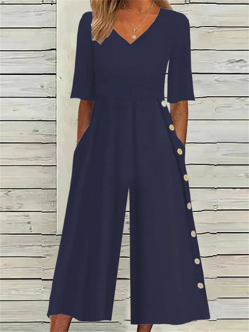 Casual Simple V-Neck Short Sleeve Jumpsuit for Women