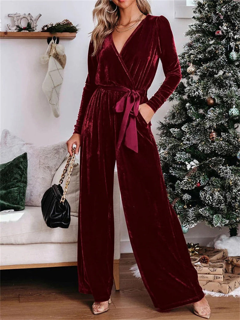 Casual Simple V-Neck Long Sleeve Jumpsuit for Women