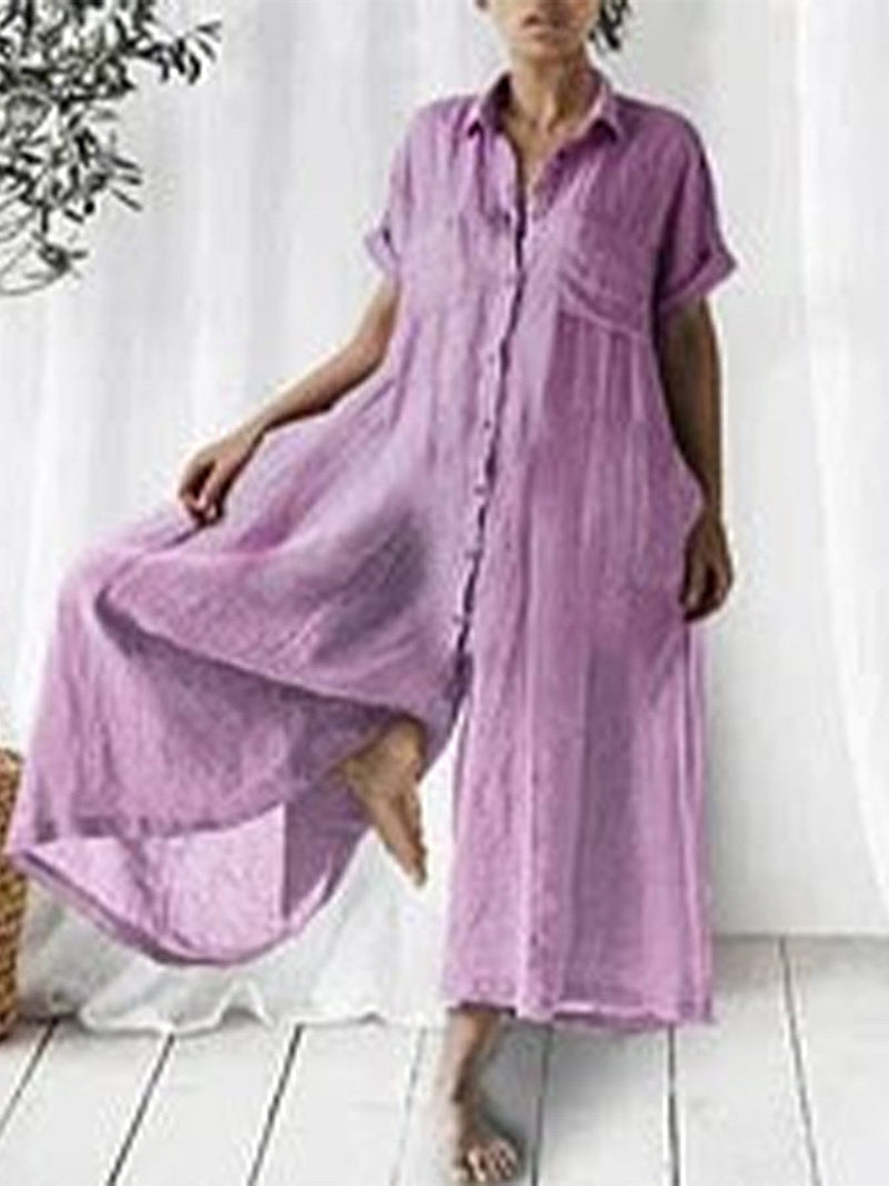 Casual Solid Linen Relaxed Lapel Jumpsuit for Women