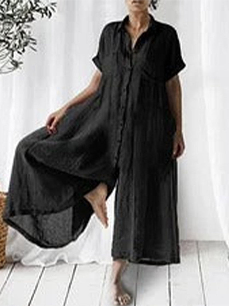 Casual Solid Linen Relaxed Lapel Jumpsuit for Women