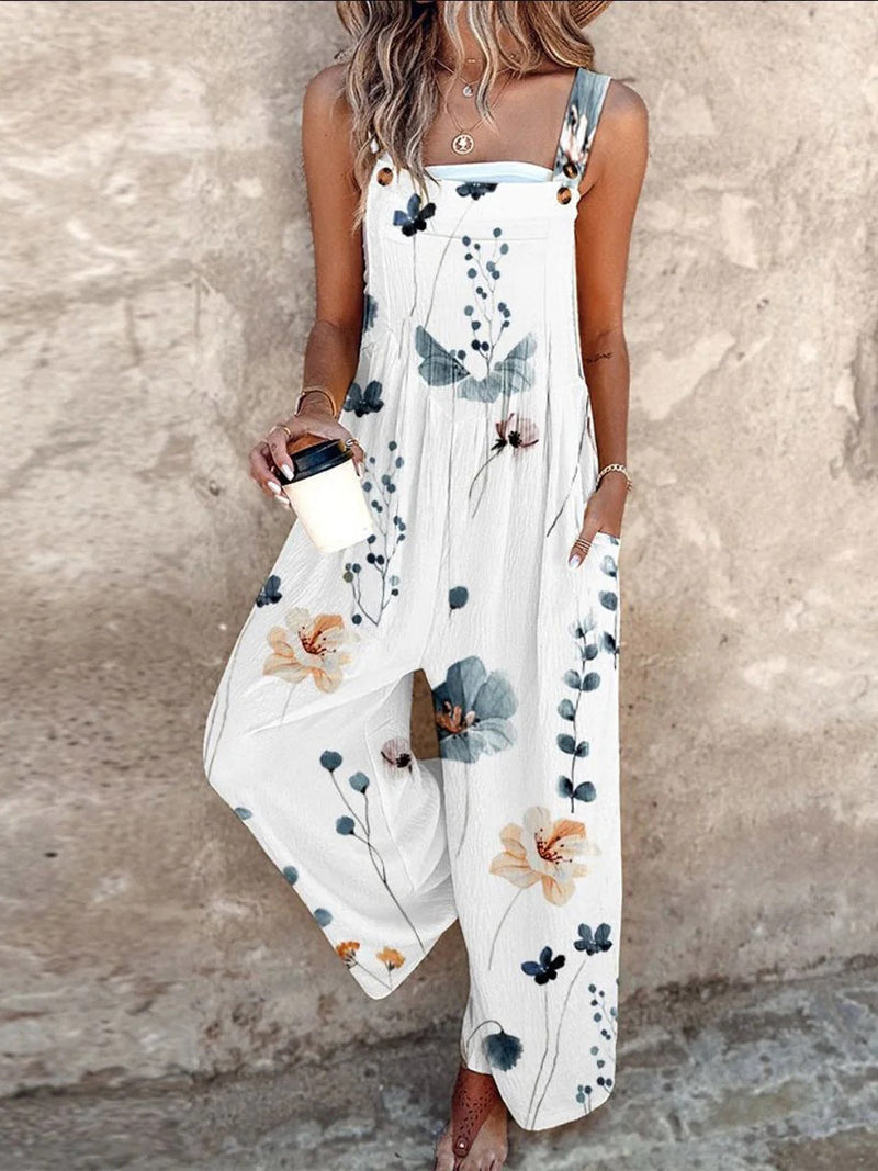 Breezy Plant Print Sleeveless Jumpsuit for Women