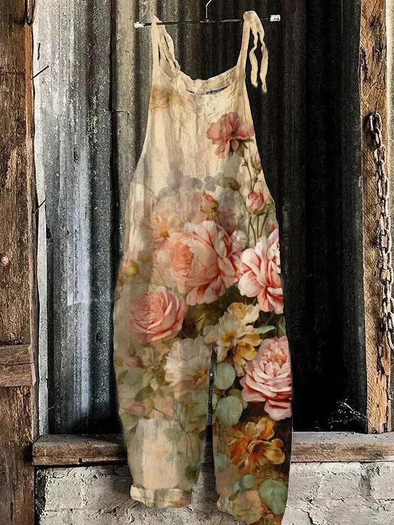Retro Chic Vintage Floral Print Relaxed Jumpsuit for Women
