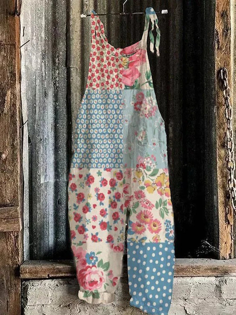 Retro Contrast Floral Bohemian Relaxed Jumpsuit for Women