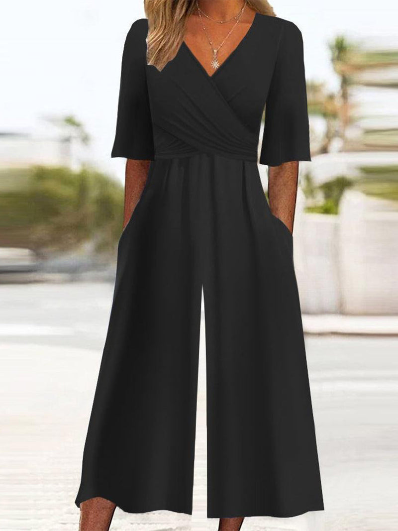 Black Plain Half Sleeve Side Pocket Jumpsuit for Women