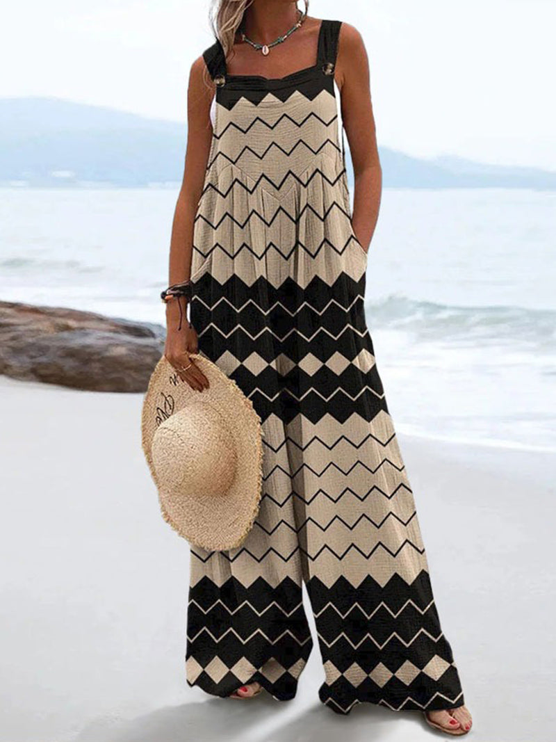 Geometric Fringe Print Casual Wide Leg Jumpsuit for Women