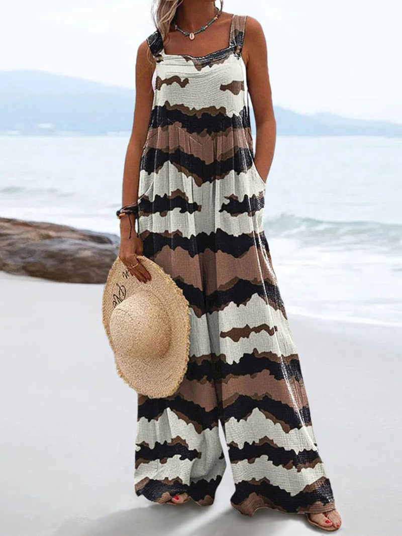 Vintage Ethnic Print Casual Wide Leg Jumpsuit for Women