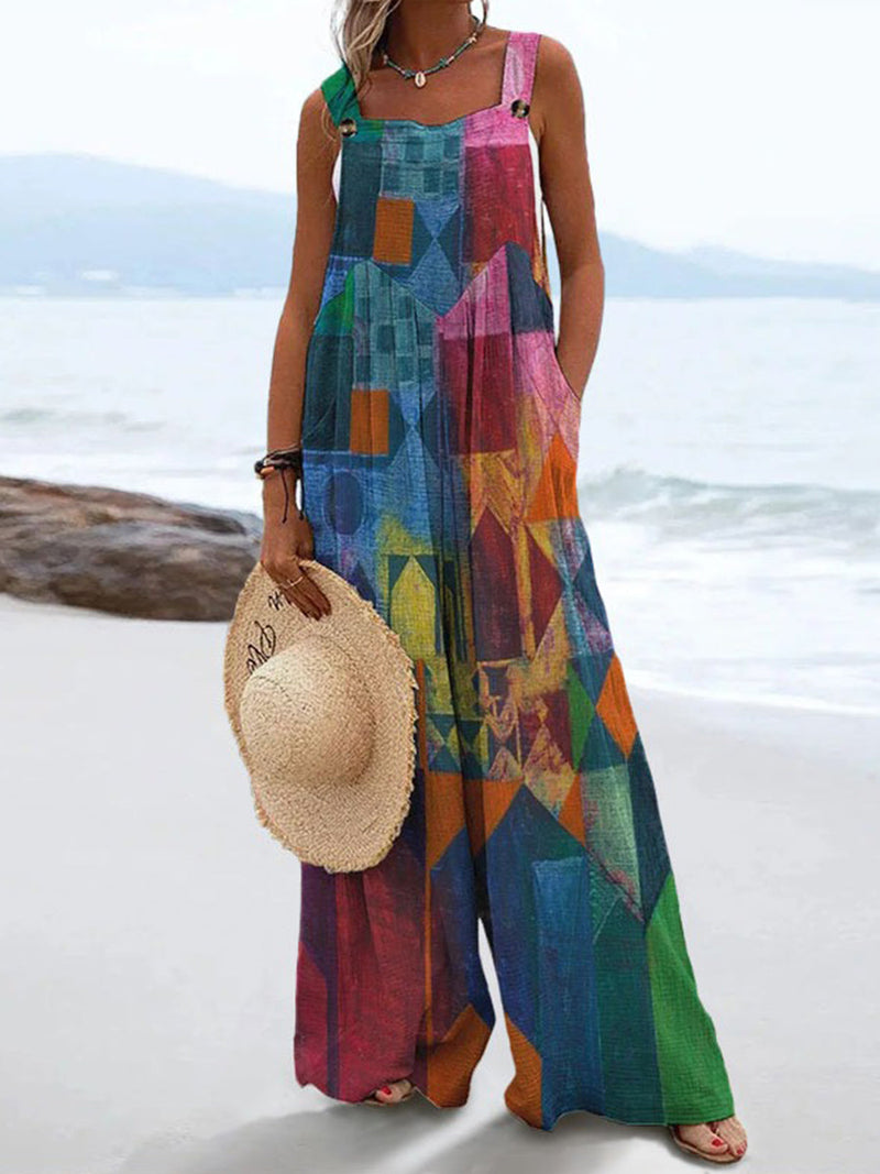 Vintage Plaid Splicing Print Casual Wide Leg Jumpsuit for Women