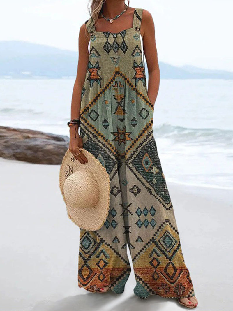 Vintage Pattern Print Casual Wide Leg Jumpsuit for Women