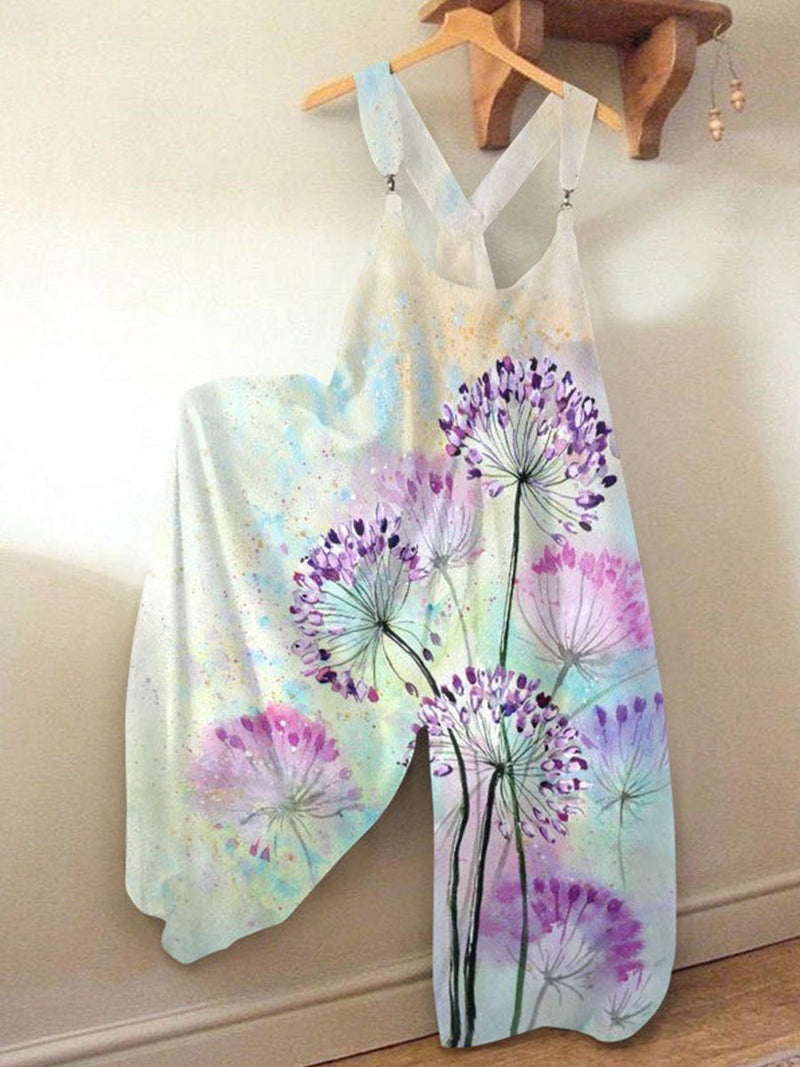 Fantasy Watercolor Dandelion Art Print Relaxed Jumpsuit for Women