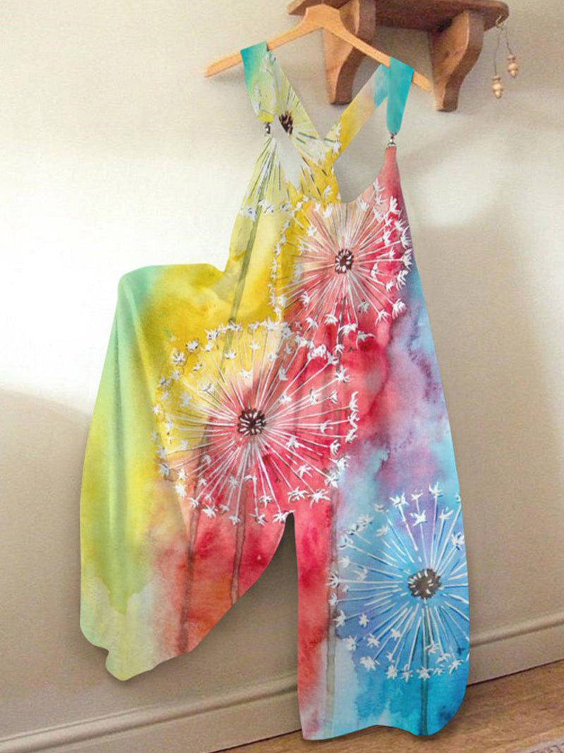 Vacation Casual Multicolor Dandelion Art Print Relaxed Jumpsuit for Women