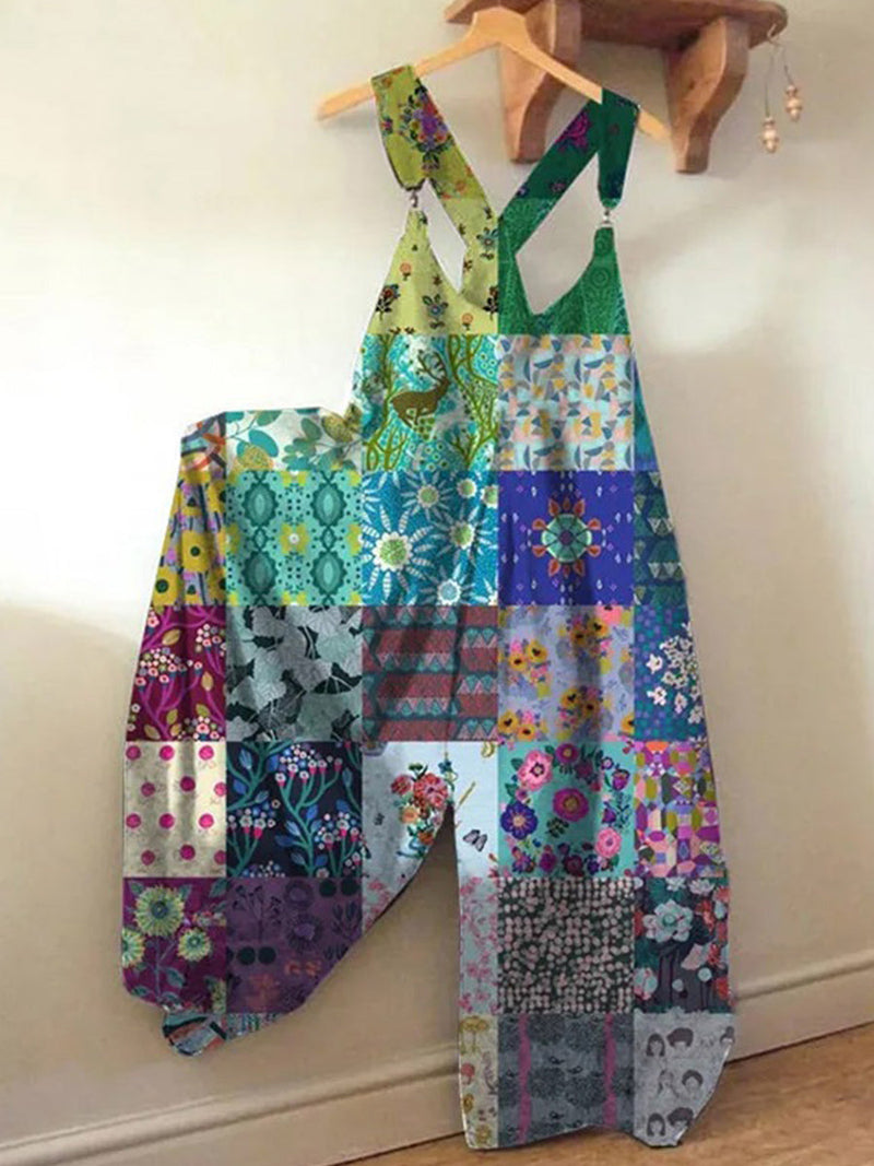Floral Check Print Relaxed Jumpsuit for Women