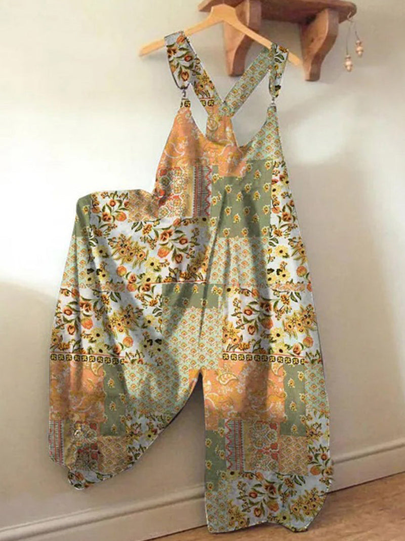 Casual Resort Bohemian Floral Plaid Print Relaxed Jumpsuit for Women