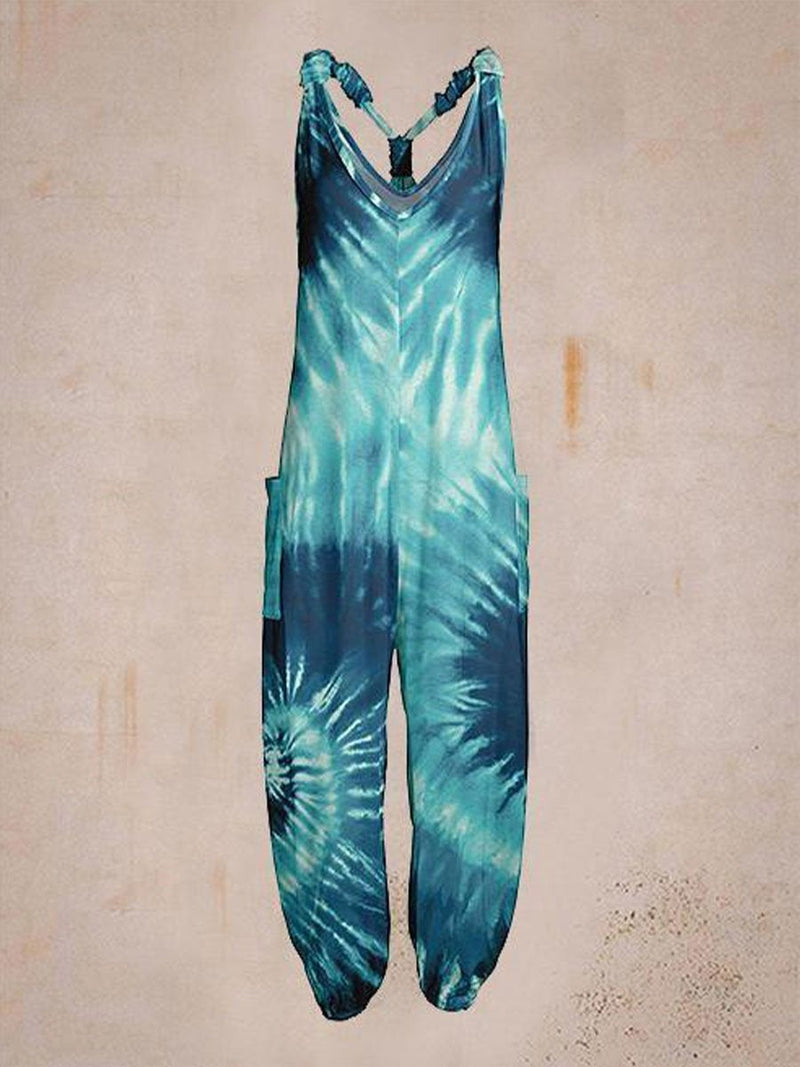 Blue Casual Summer Printed Sleeveless Jumpsuit for Women