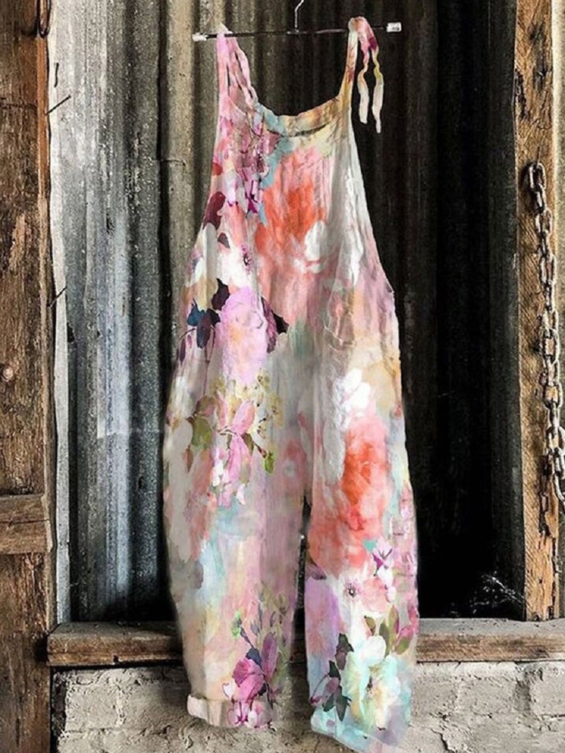 Pink Casual Floral Printed Sleeveless Jumpsuit for Women