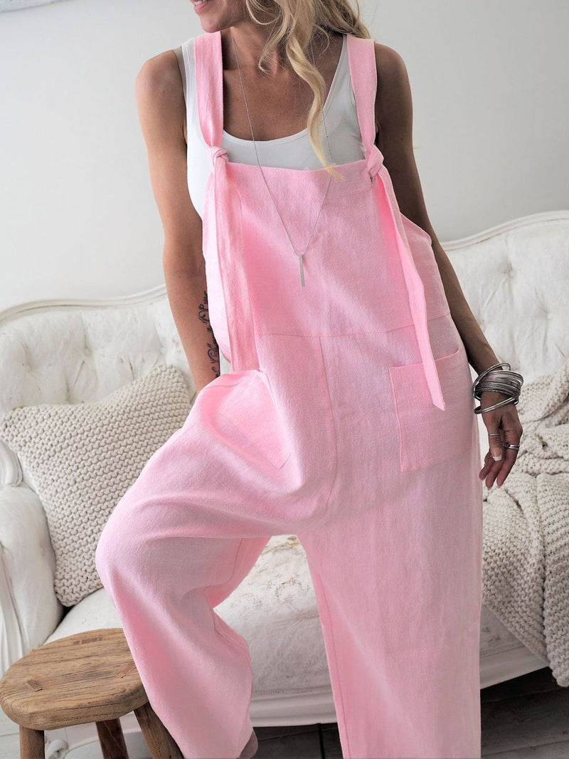 Retro Casual Relaxed Cotton Linen Wide Leg Jumpsuit for Women