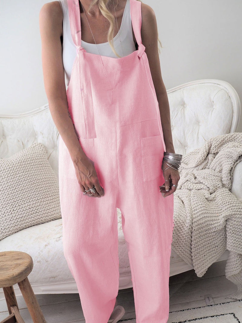 Retro Casual Relaxed Cotton Linen Wide Leg Jumpsuit for Women