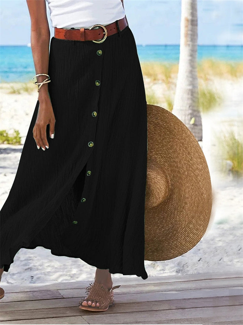 Women's Solid Straight Fashion Split Button Maxi High Waist Skirt