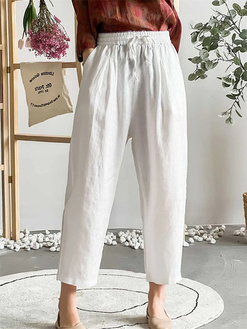 White Solid Loose Cotton Pants