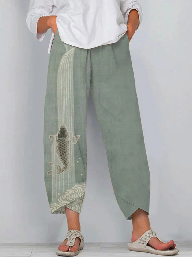 Green Fish Print Loose Casual Pants