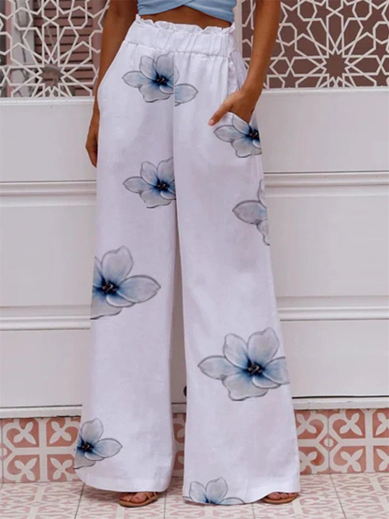 White Floral Print Elastic Waist Wide Leg Pants