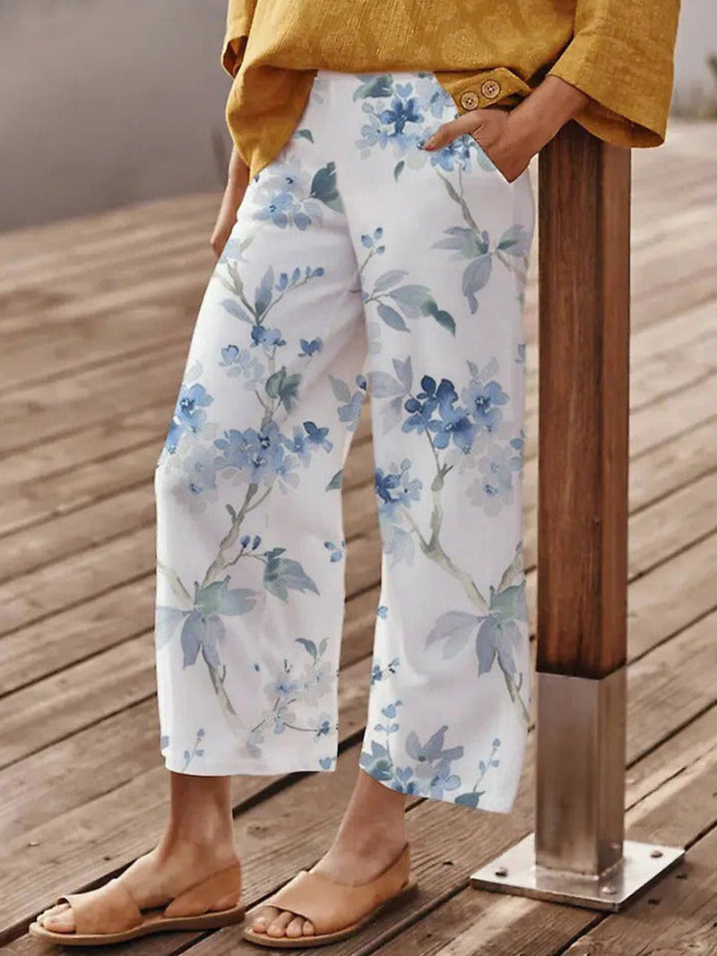 White Floral Print Casual Loose Pants
