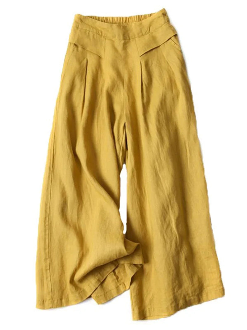 Solid Ramie Cotton Plus Size Loose Ninth Wide-Leg Pants