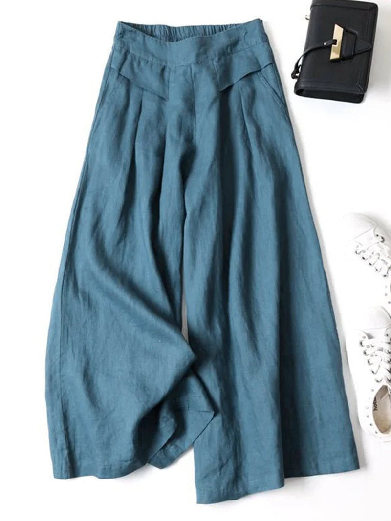 Solid Ramie Cotton Plus Size Loose Ninth Wide-Leg Pants
