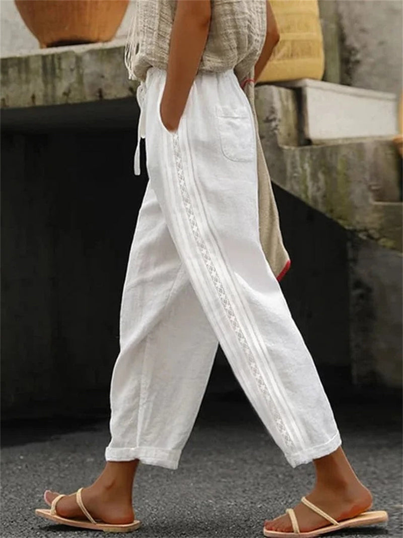 White Cotton Linen Lace Pocket Casual Pants