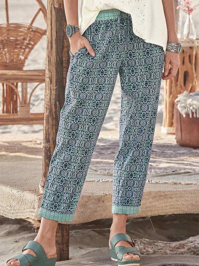 Green Ethnic Print Loosen Boho Casual Pants