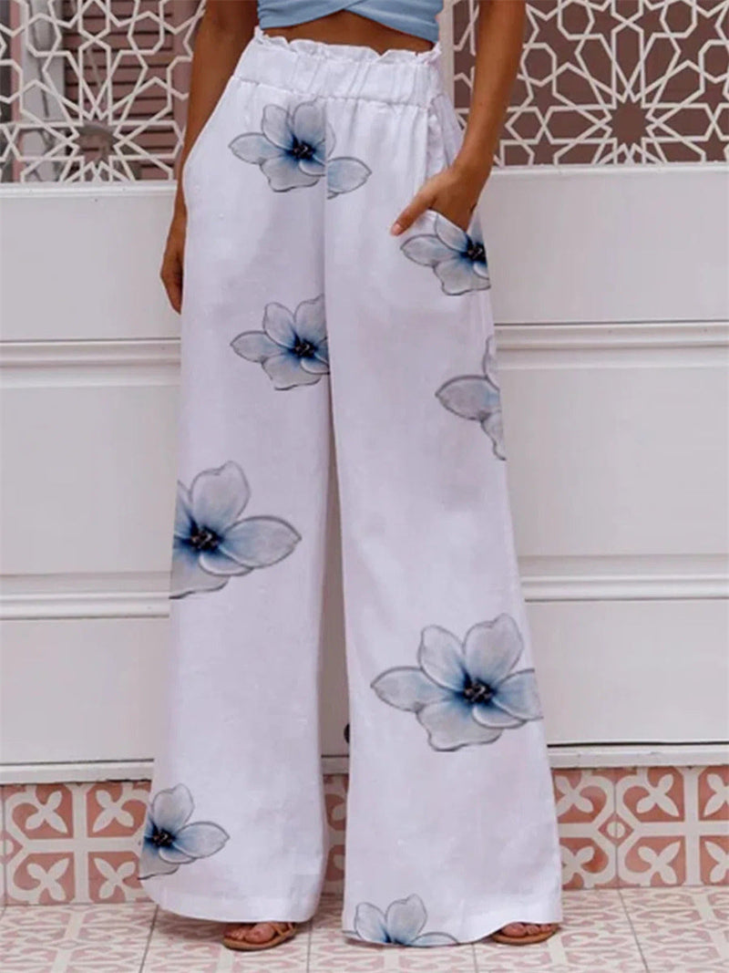 White Floral Print with Pockets Casual Pants