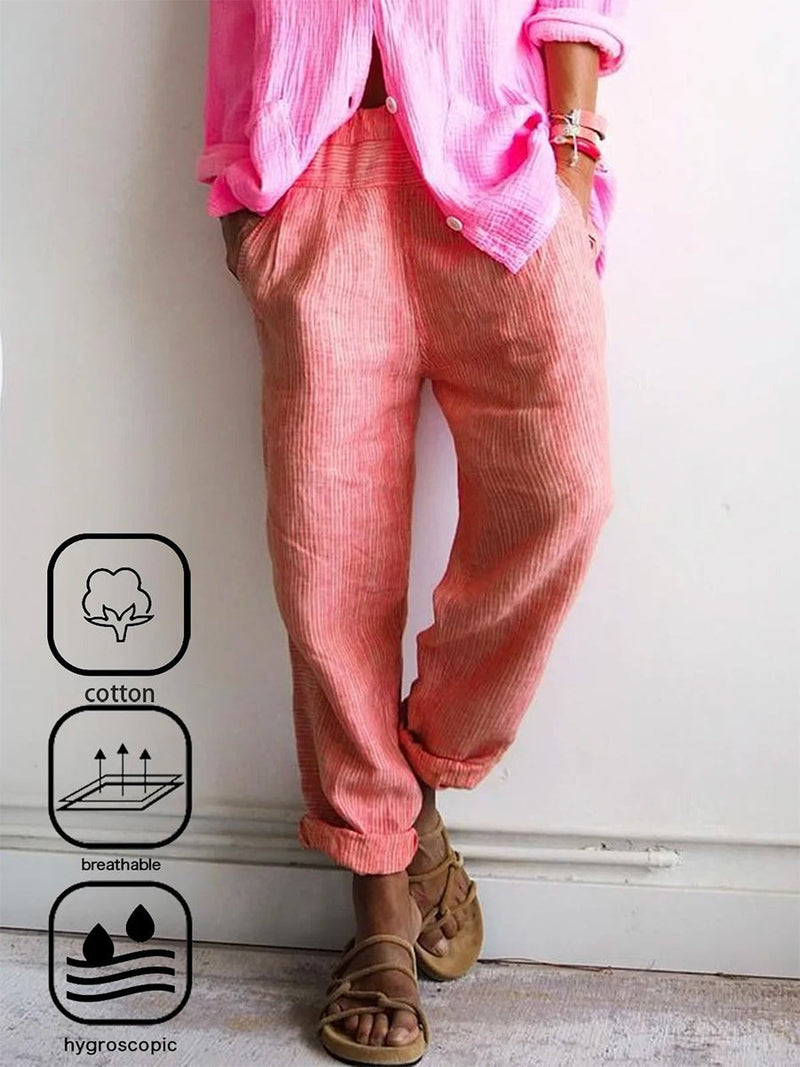 Pink Striped Cotton And Linen Casual Harem Pants
