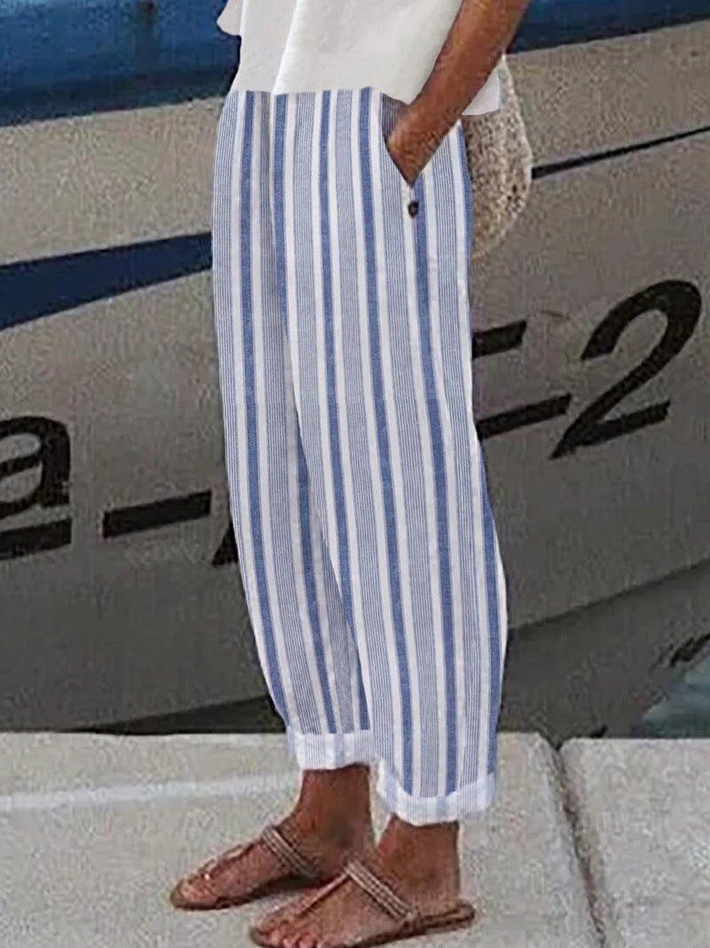Casual Basic Striped Straight Pockets Pants