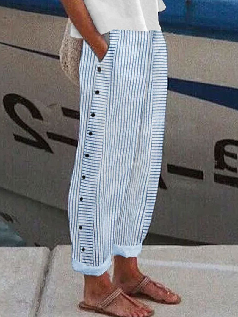 Women's Blue Striped Side-Fasten Trousers with Pockets
