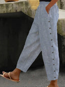 Casual Striped Cotton Women's Trousers with Pockets