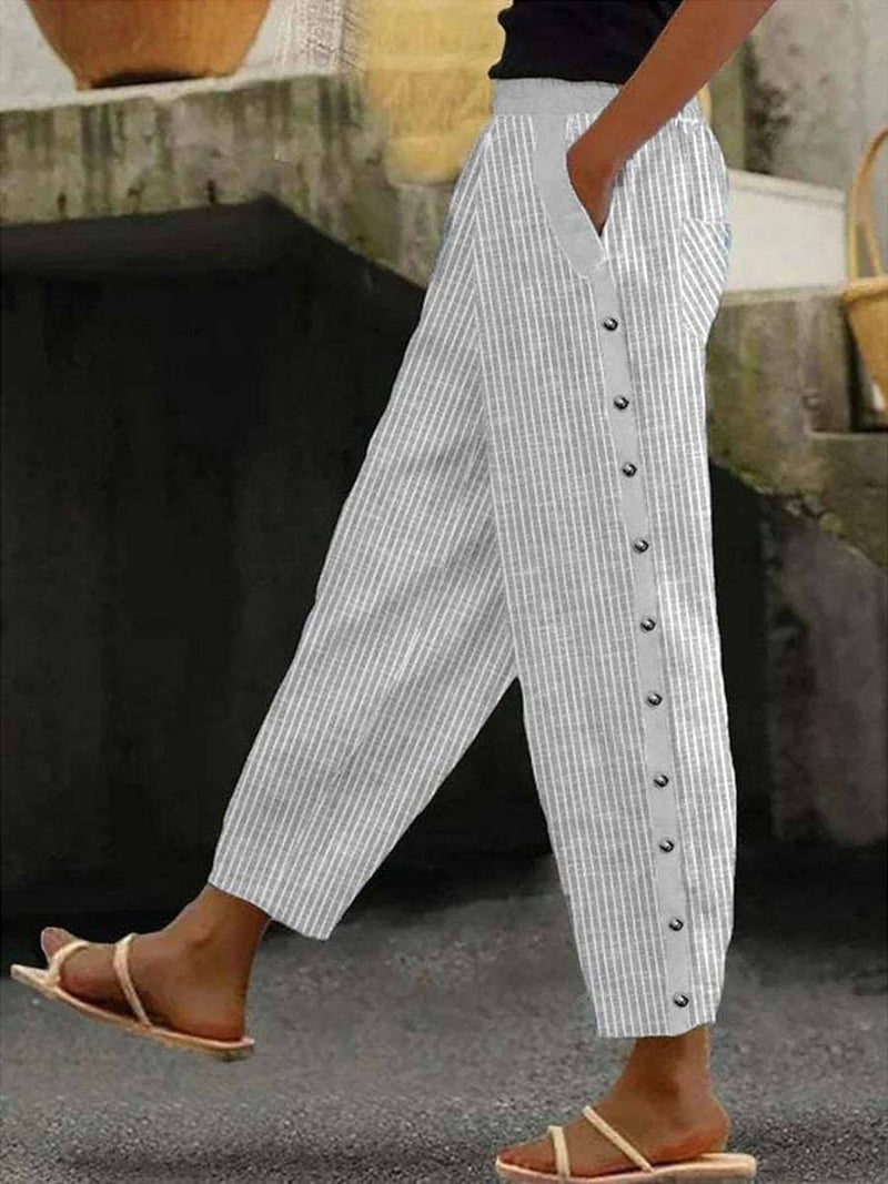Casual Striped Cotton Women's Trousers with Pockets