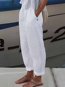 White Cotton Women's Elastic Waist Trousers with Pockets