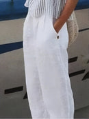 White Cotton Women's Elastic Waist Trousers with Pockets