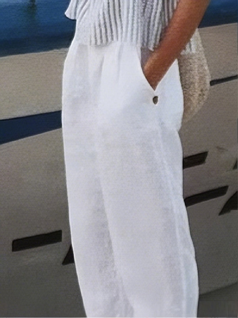 White Cotton Women's Elastic Waist Trousers with Pockets