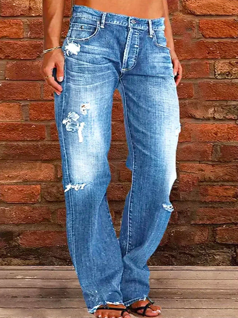 Casual Distressed Straight Leg Jeans for Women