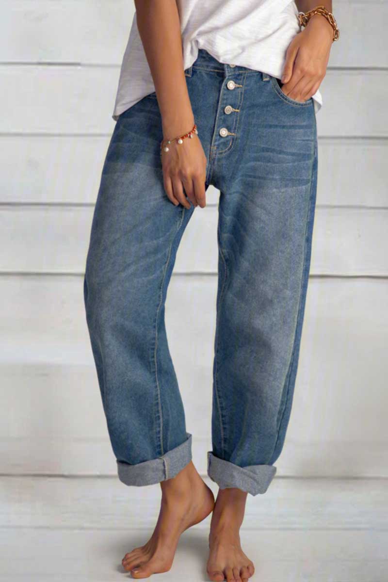 Button Fly Relaxed Fit Jeans for Women