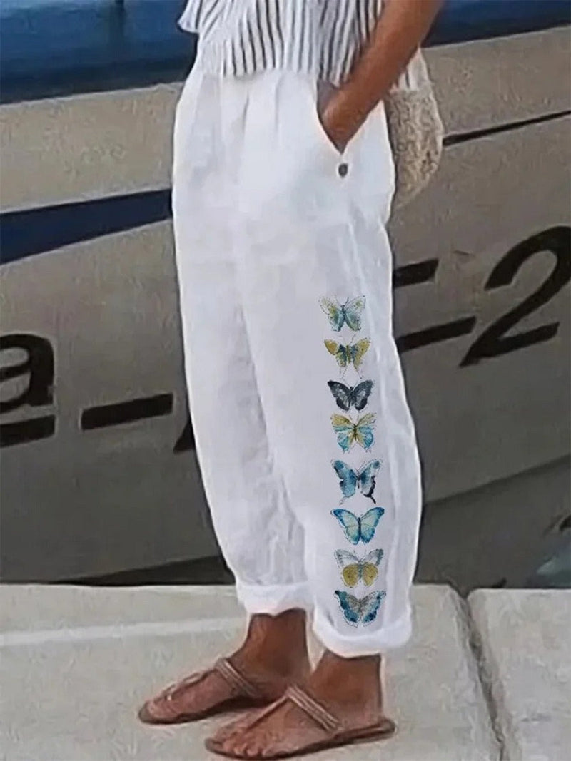 Butterfly Print Relaxed Pants with Elastic Waist for Women