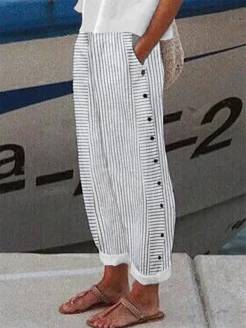 Casual Simple Gray Striped Buttoned Pockets Pants