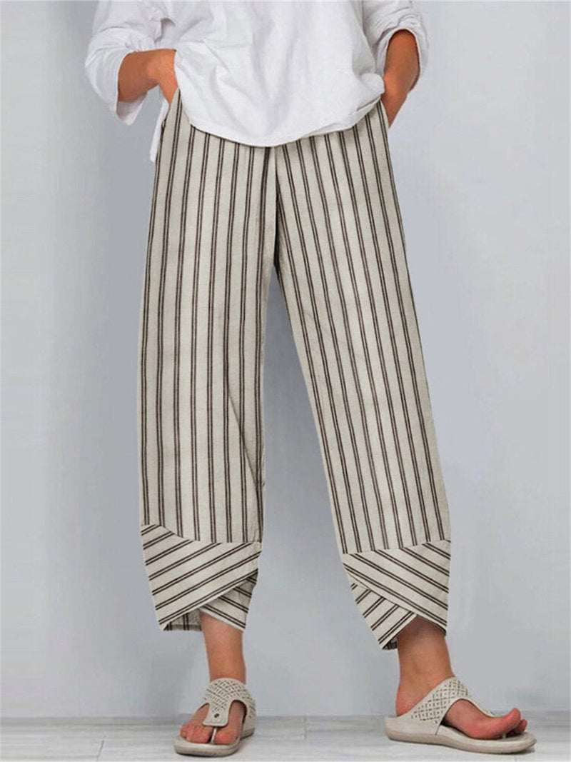 Casual Brown Striped Irregular Cuff Cropped Pants