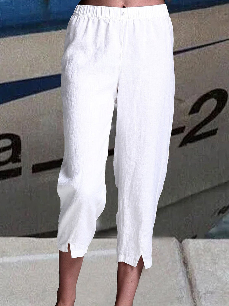 Summer Casual Elastic Waist Plain Capris Linen Pants