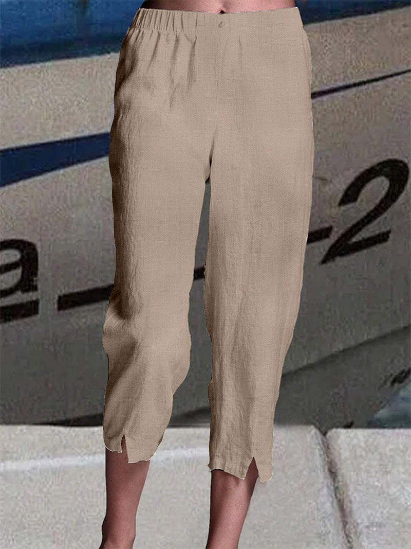Summer Casual Elastic Waist Plain Capris Linen Pants