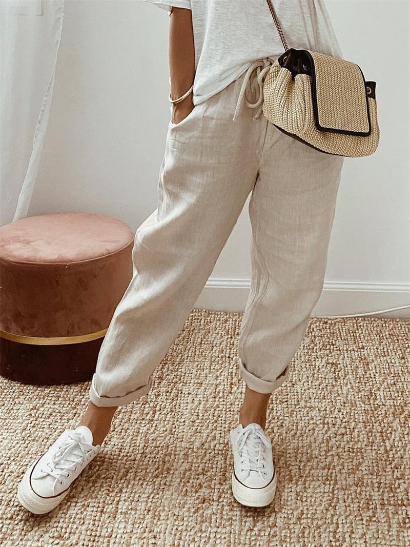 Casual Cotton And Linen Loose Plain Pants