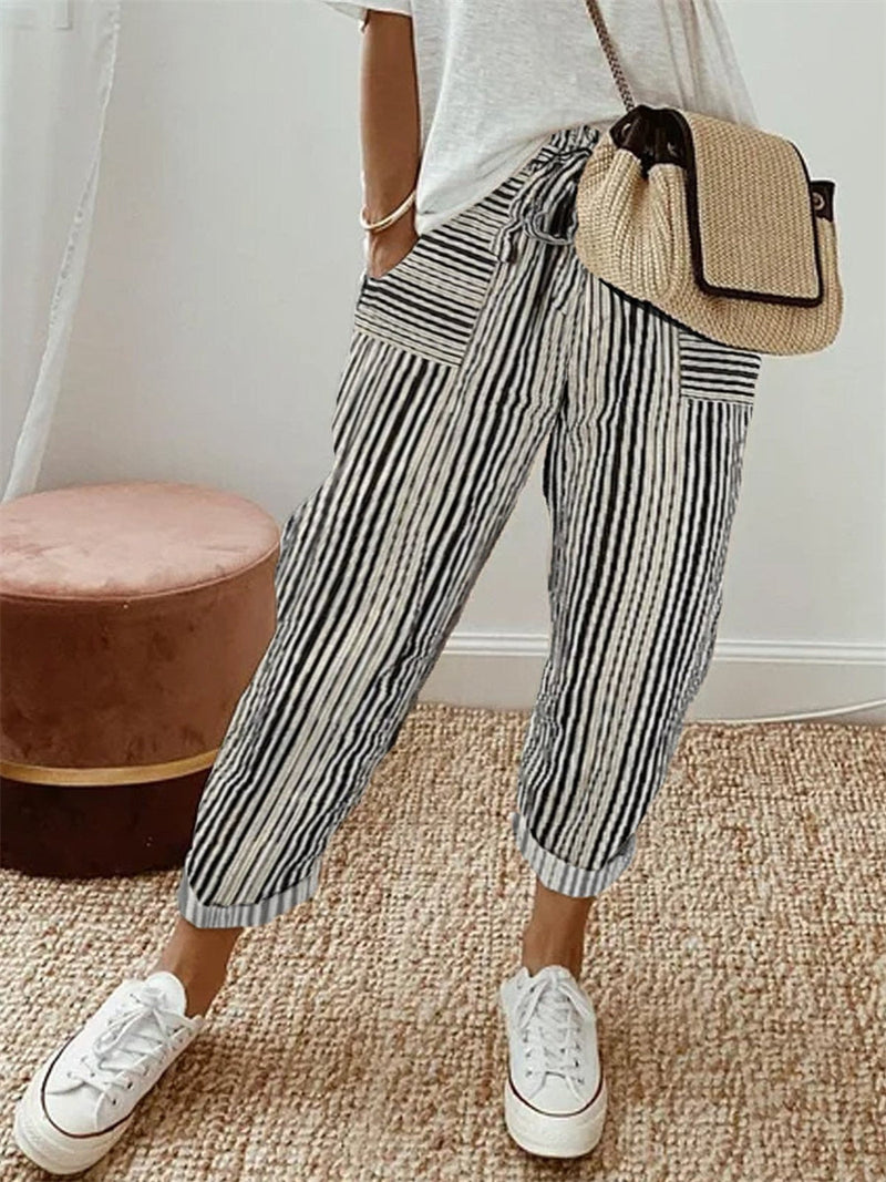 Simple Cotton And Linen Abstract Stripes Casual Pants